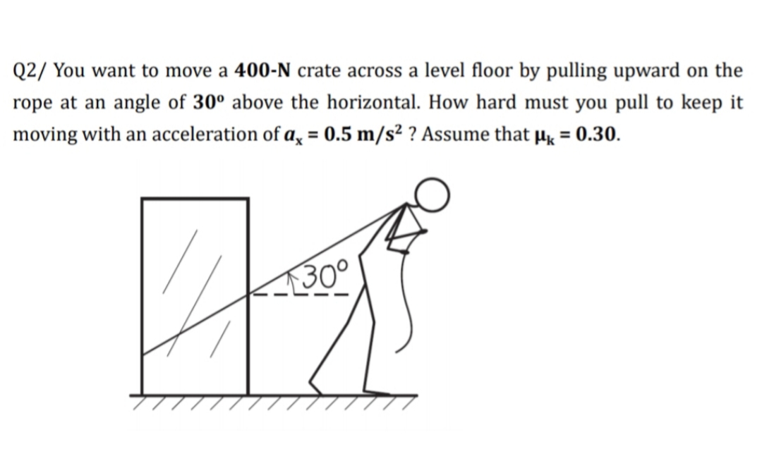 Q2/ You want to move a 400-N crate across a level floor by pulling upward on the
rope at an angle of 30° above the horizontal. How hard must you pull to keep it
moving with an acceleration of a̟ = 0.5 m/s² ? Assume that µ, = 0.30.
30°
