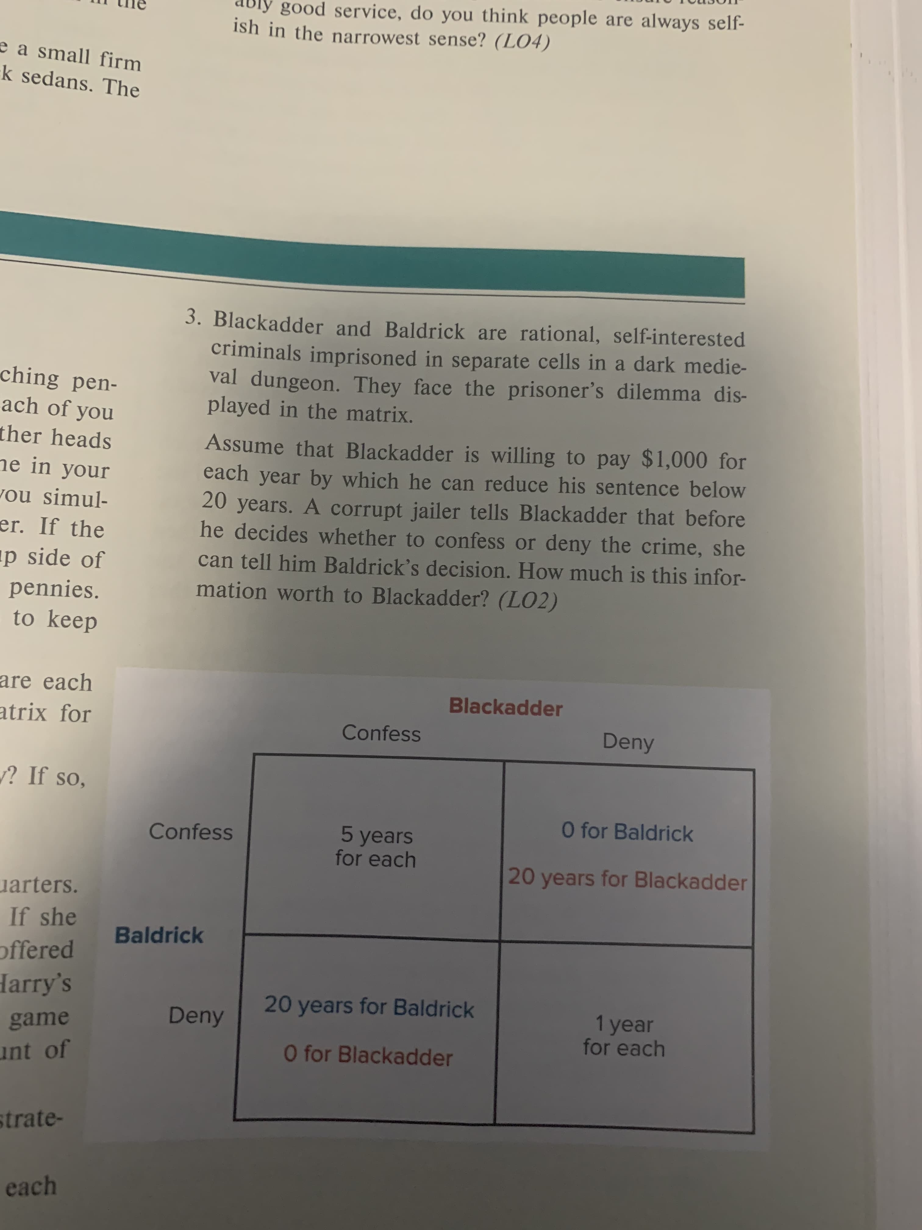 good service, do you think people are always self-
ish in the narrowest sense? (LO4)
e a small firm
k sedans. The
3. Blackadder and Baldrick are rational, self-interested
criminals imprisoned in separate cells in a dark medie-
val dungeon. They face the prisoner's dilemma dis-
played in the matrix.
ching pen-
ach of you
ther heads
ne in your
Assume that Blackadder is willing to pay $1,000 for
each year by which he can reduce his sentence below
20 years. A corrupt jailer tells Blackadder that before
he decides whether to confess or deny the crime, she
ou simul-
er. If the
p side of
can tell him Baldrick's decision. How much is this infor-
mation worth to Blackadder? (LO2)
pennies.
to keep
are each
atrix for
Blackadder
Deny
Confess
? If so,
O for Baldrick
5 years
for each
Confess
20 years for Blackadder
uarters
If she
offered
Harry's
Baldrick
20 years for Baldrick
1 year
for each
Deny
game
O for Blackadder
unt of
strate-
each

