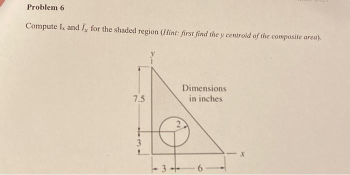 Problem 6
Compute Ix and Ix for the shaded region (Hint: first find the y centroid of the composite area).
7.5
3
3+
Dimensions
in inches