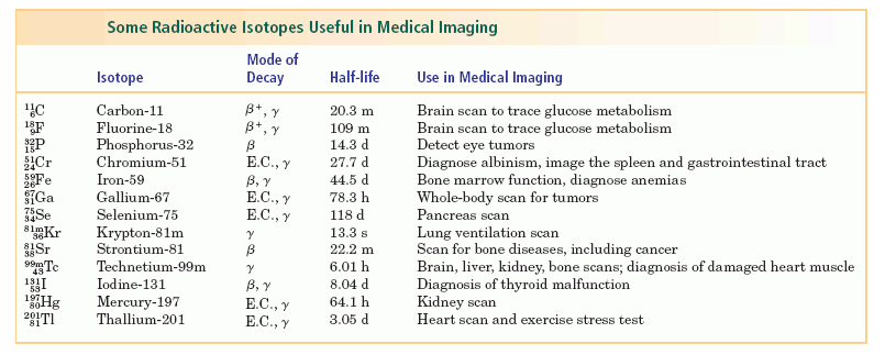 Some Radioactive Isotopes Useful in Medical Imaging
Mode of
Isotope
Decay
Half-life
Use in Medical Imaging
B+, Y
B+, Y
Carbon-11
20.3 m
Brain scan to trace glucose metabolism
Brain scan to trace glucose metabolism
Detect eye tumors
Diagnose albinism, image the spleen and gastrointestinal tract
Bone marrow function, diagnose anemias
Whole-body scan for tumors
Pancreas scan
F
Fluorine-18
109 m
14.3 d
Phosphorus-32
Chromium-51
Iron-59
Gallium-67
Selenium-75
Krypton-81m
Strontium-81
E.C., Y
B, Y
E.C., Y
E.C., Y
Cr
Fe
SGa
27.7 d
44.5 d
78.3 h
118 d
13.3 s
Lung ventilation scan
Scan for bone diseases, including cancer
Brain, liver, kidney, bone scans; diagnosis of damaged heart muscle
Diagnosis of thyroid malfunction
Kidney scan
Heart scan and exercise stress test
Sr
22.2 m
38
99m Te
43
Technetium-99m
6.01 h
Iodine-131
В, у
E.C., Y
E.C., Y
8.04 d
Mercury-197
Thallium-201
64.1 h
3.05 d

