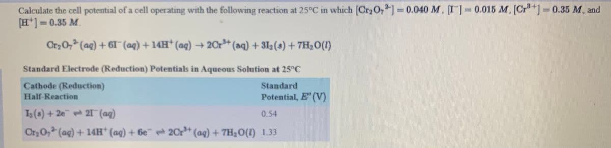 Calculate the cell potential of a cell operating with the following reaction at 25°C in which [Cry O,]=0.040 M. I=0.015 M. [Cr*+]=0.35 M, and
[H*] = 0.35 M.
%3D
Cr3O, (aq) + 61¯ (aq) + 14H* (aq) → 2Cr** (aq) + 312 (s) + 7H,0(1)
Standard Electrode (Reduction) Potentials in Aqueous Solution at 25°C
Cathode (Reduction)
Standard
Half-Reaction
Potential, E (V)
I2(s) + 2e 21 (aq)
0.54
CryO, (ag) + 14H* (aq) + 6e 2Cr** (aq) + 7H20(!) 1.33
