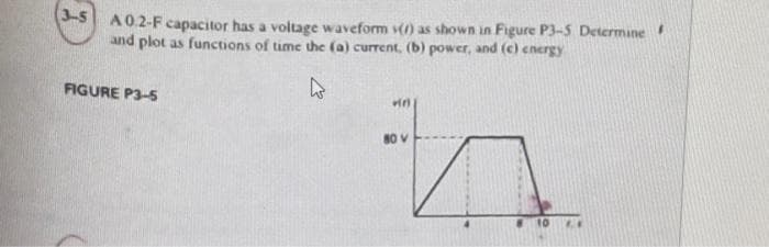 (3-5
A0.2-F capacitor has a voltage waveform ) as shown in Figure P3-5 Determine
and plot as functions of time the (a) current, (b) power, and (c) energy
FIGURE P3-5
in
80 V
10 E
