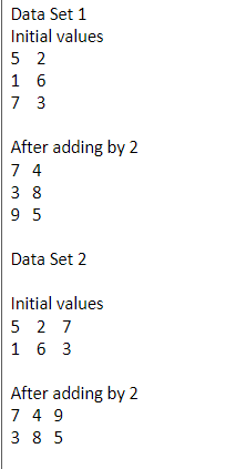 Data Set 1
Initial values
5 2
1 6
7 3
After adding by 2
7 4
3 8
9 5
Data Set 2
Initial values
5 2 7
1 6 3
After adding by 2
7 4 9
3 8 5
