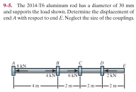 9-5. The 2014-T6 aluminum rod has a dismeter of 30 mm
and supports the koad shown. Determine the displacement of
end A with respect to end E. Neglect the sie of the couplings
4KN
2KN
-2 m-
