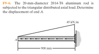 F9-6. The 20-mm-diameter 2014-T6 aluminum rod is
subjected to the triangular distributed axial load. Determine
the displacement of end A.
45 kN /m
-900 mm
