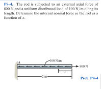 P9-4. The rod is subjected to an extemal axial force of
800 N and a uniform distributed load of l100 N/m along its
length. Determine the internal normal force in the rod as a
function of .
-100 Nim
800 N
Proh. P9-4
