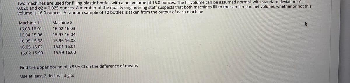 Two machines are used for filling plastic bottles with a net volume of 16.0 ounces. The fill volume can be assumed normal, with standard deviation o1 =
0.020 and o2 = 0.025 ounces. A member of the quality engineering staff suspects that both machines fill to the same mean net volume, whether or not this
volume is 16.0 ounces. A random sample of 10 bottles is taken from the output of each machine
%3D
%3D
Machine 1
Machine 2
16.03 16.01
16.02 16.03
16.04 15.96
15.97 16.04
16.05 15.98
15.96 16.02
16.05 16.02
16.01 16.01
16.02 15.99
15.99 16.00
Find the upper bound of a 95% Cl on the difference of means
Use at least 2 decimal digits
