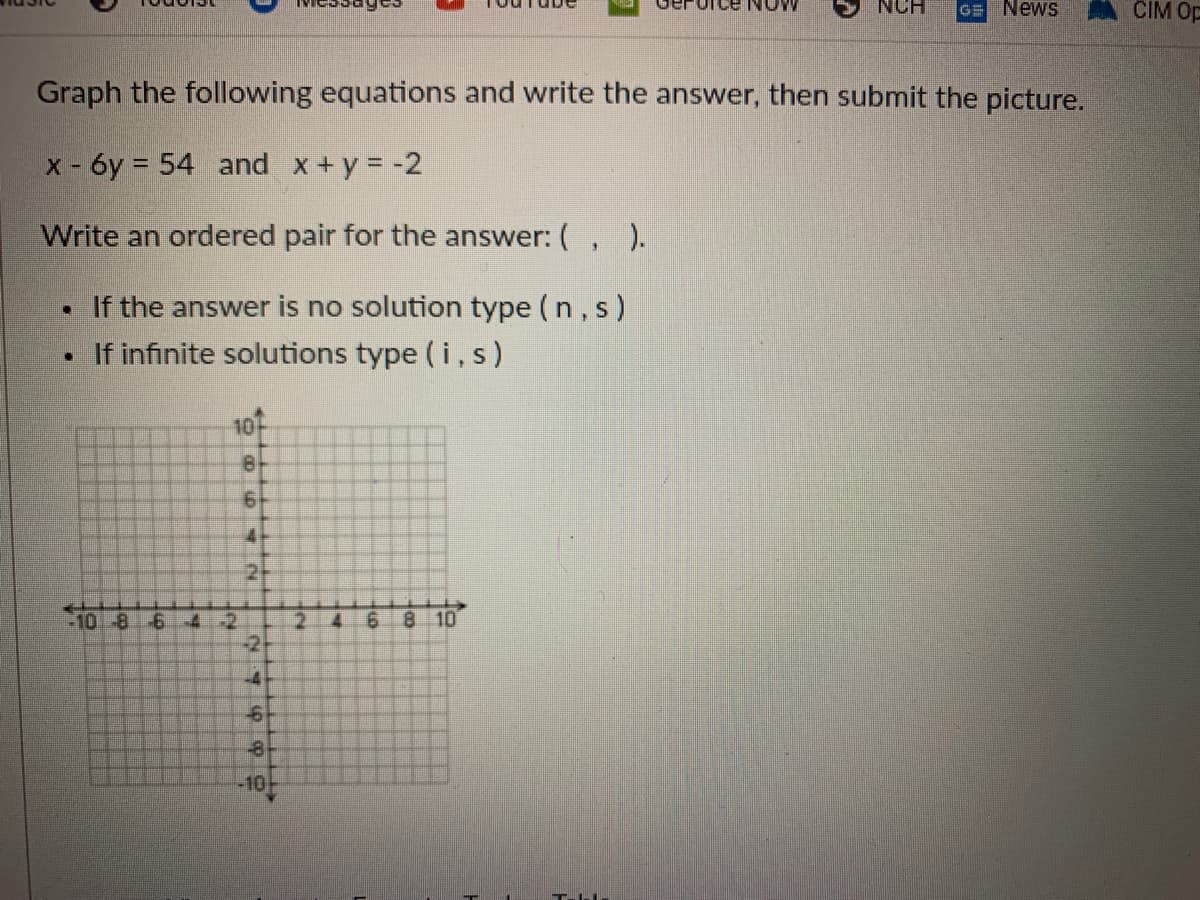 GE
News
CIM Op
Graph the following equations and write the answer, then submit the picture.
x - 6y = 54 and x + y = -2
%3D
Write an ordered pair for the answer: ( ,
).
• If the answer is no solution type ( n, s)
If infinite solutions type (i, s)
10
9.
2-
10-8 6
8 10
-2
-2+
-4.
8
-10
