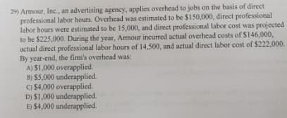 29) Armour, Inc., an advertising agency, applies overhead to jobs on the basis of direct
professional labor hours. Overhead was estimated to be $150,000, direct professional
labor hours were estimated to be 15,000, and direct professional labor cost was projected
to be $225,000. During the year, Amour incurred actual overhead costs of S146,000,
actual direct professional labor hours of 14,500, and actual direct labor cost of $222,000.
By year-end, the firm's overhead was:
A) S1,000 overapplied.
B) $5,000 underapplied.
C) $4,000 overapplied.
D) $1,000 underapplied.
E) $4,000 underapplied.
