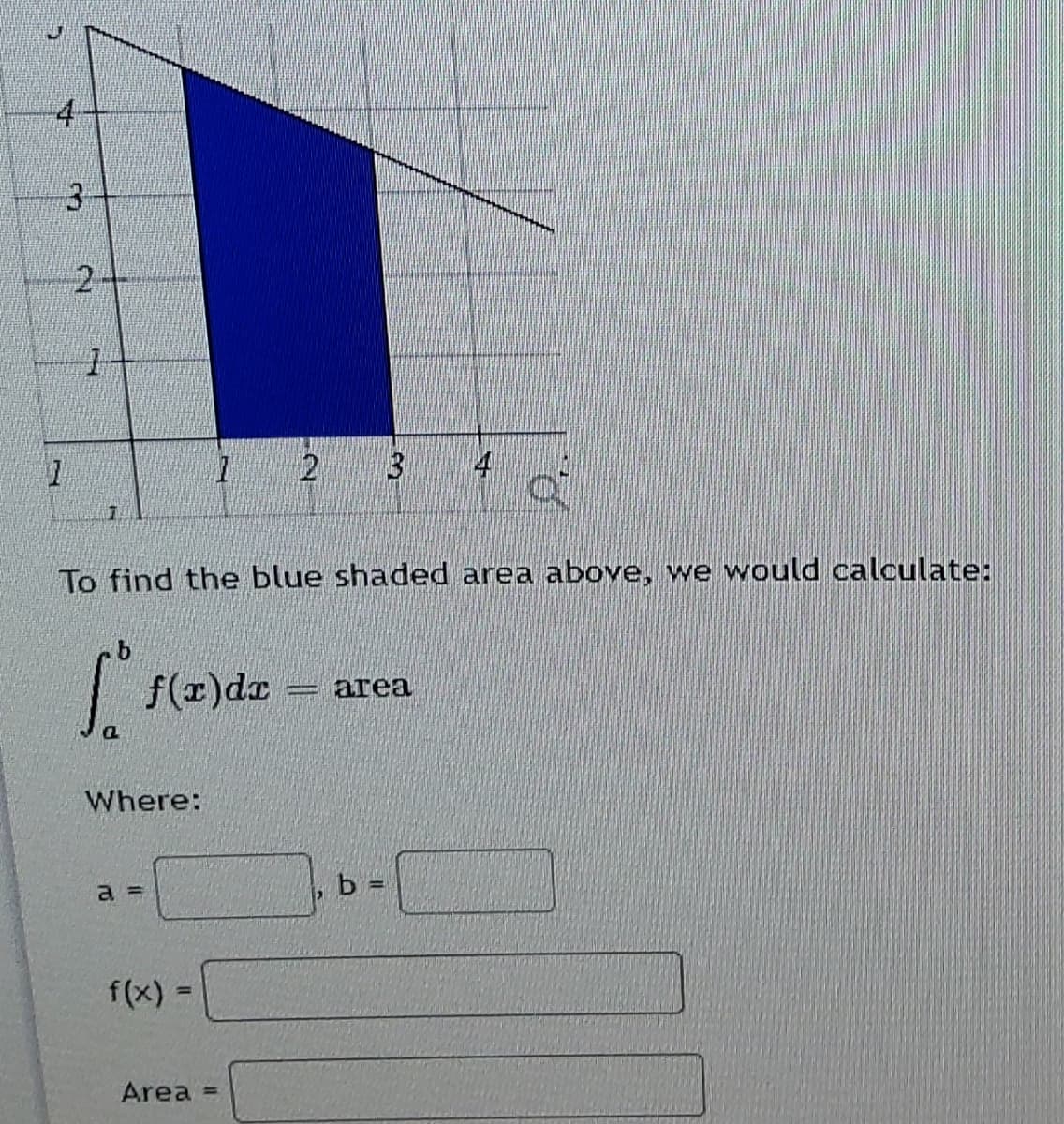 4
2.
3
4
To find the blue shaded area above, we would calculate:
f(r)dr = area
Where:
, b =
%3D
a =
f(x):
%3D
Area =
