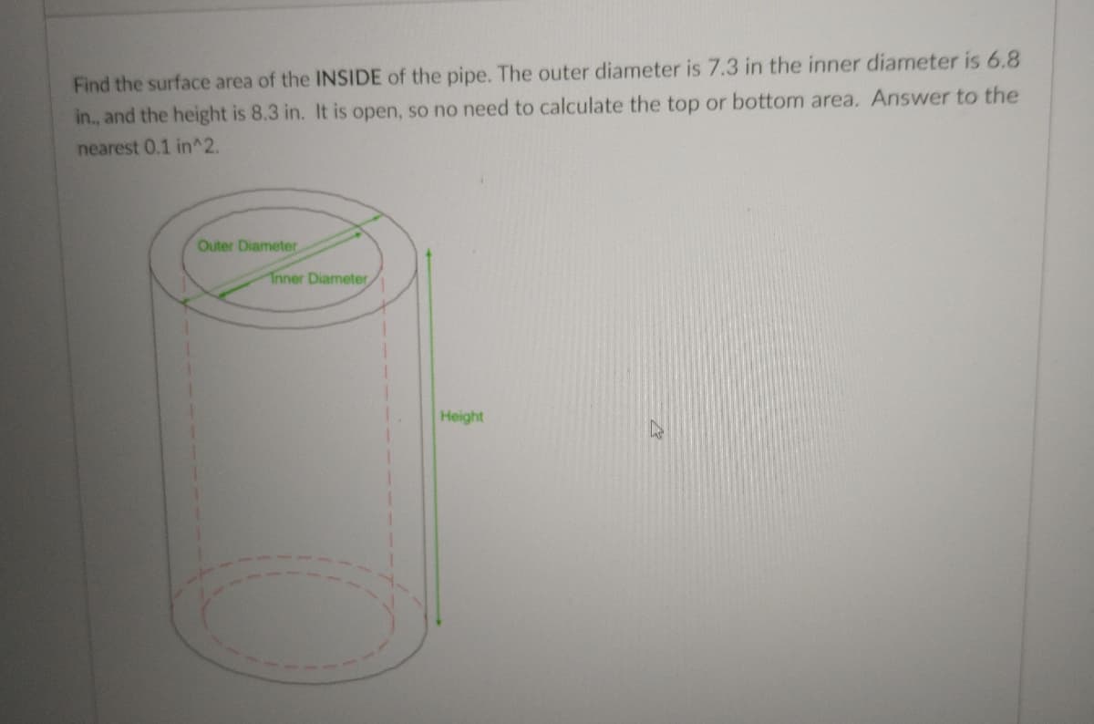 Find the surface area of the INSIDE of the pipe. The outer diameter is 7.3 in the inner diameter is 6.8
in., and the height is 8.3 in. It is open, so no need to calculate the top or bottom area. Answer to the
nearest 0.1 in^2.
Outer Diameter
Tnner Diameter,
Height

