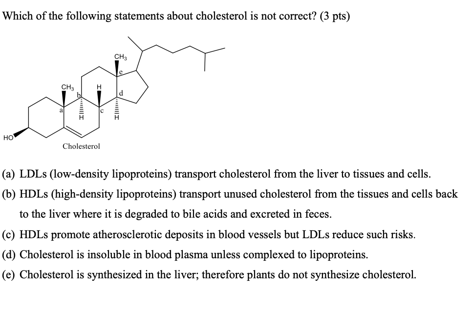 Which of the following statements about cholesterol is not correct? (3 pts)
CH3
CH3
HO
Cholesterol
(a) LDLS (low-density lipoproteins) transport cholesterol from the liver to tissues and cells.
(b) HDLS (high-density lipoproteins) transport unused cholesterol from the tissues and cells back
to the liver where it is degraded to bile acids and excreted in feces.
(c) HDLS promote atherosclerotic deposits in blood vessels but LDLS reduce such risks.
(d) Cholesterol is insoluble in blood plasma unless complexed to lipoproteins.
(e) Cholesterol is synthesized in the liver; therefore plants do not synthesize cholesterol.
