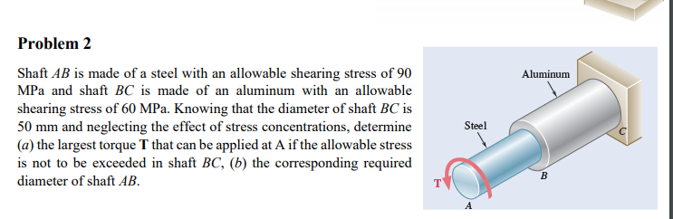 Problem 2
Shaft AB is made of a steel with an allowable shearing stress of 90
Aluminum
MPa and shaft BC is made of an aluminum with an allowable
shearing stress of 60 MPa. Knowing that the diameter of shaft BC is
50 mm and neglecting the effect of stress concentrations, determine
(a) the largest torque T that can be applied at A if the allowable stress
is not to be exceeded in shaft BC, (b) the corresponding required
T
Steel
B
diameter of shaft AB.
