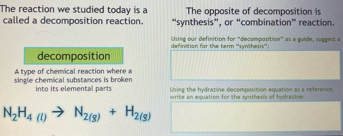 The reaction we studied today is a
called a decomposition reaction.
decomposition
A type of chemical reaction where a
single chemical substances is broken
into its elemental parts
N₂H4 (1)
→ N2(9) + H2(g)
The opposite of decomposition is
"synthesis", or "combination" reaction.
Using our definition for "decomposition" as a guide, suggest a
definition for the term "synthesis":
Using the hydrazine decomposition equation as a reference,
write an equation for the synthesis of hydrazine: