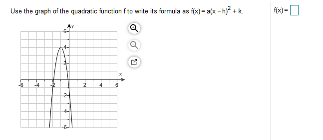Use the graph of the quadratic function f to write its formula as f(x) = a(x - h) + k.
f(x) =
6-
-6
-4
2
4
-2-
-4
-6-
