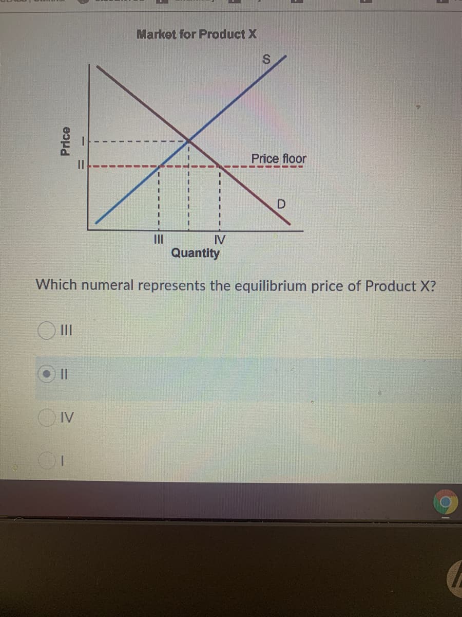 Market for Product X
S.
Price floor
---- - ---
II
IV
Quantity
Which numeral represents the equilibrium price of Product X?
O II
||
OIV
Price
