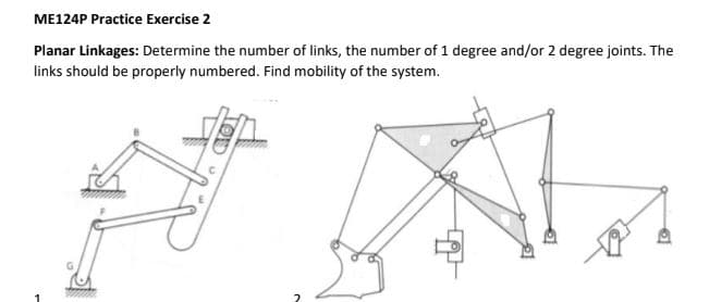 ME124P Practice Exercise 2
Planar Linkages: Determine the number of links, the number of 1 degree and/or 2 degree joints. The
links should be properly numbered. Find mobility of the system.
TOD
