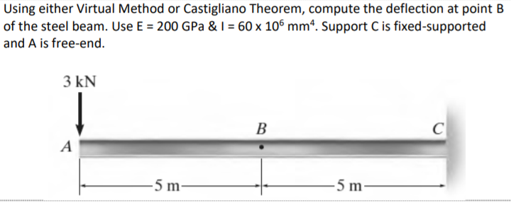 Using either Virtual Method or Castigliano Theorem, compute the deflection at point B
of the steel beam. Use E = 200 GPa & I = 60 x 106 mm“. Support C is fixed-supported
and A is free-end.
3 kN
B
C
A
5 m
-5 m-
