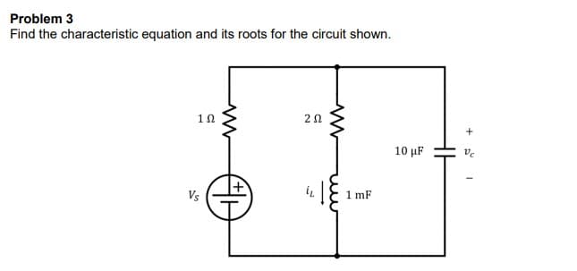 Problem 3
Find the characteristic equation and its roots for the circuit shown.
10
+
10 µF
Vs
1 mF

