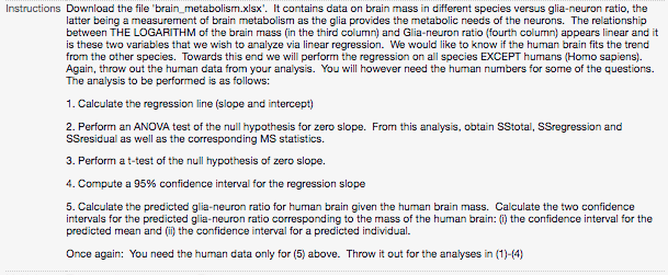 Instructions Download the file "brain_metabolism.xlsx'. It contains data on brain mass in different species versus glia-neuron ratio, the
latter being a measurement of brain metabolism as the glia provides the metabolic needs of the neurons. The relationship
between THE LOGARITHM of the brain mass (in the third column) and Glia-neuron ratio (fourth column) appears linear and it
is these two variables that we wish to analyze via linear regression. We would like to know if the human brain fits the trend
from the other species. Towards this end we will perform the regression on all species EXCEPT humans (Homo sapiens).
Again, throw out the human data from your analysis. You will however need the human numbers for some of the questions.
The analysis to be performed is as follows:
1. Calculate the regression line (slope and intercept)
2. Perform an ANOVA test of the null hypothesis for zero slope. From this analysis, obtain SStotal, SSregression and
SSresidual as well as the corresponding MS statistics.
3. Perform a t-test of the null hypothesis of zero slope.
4. Compute a 95% confidence interval for the regression slope
5. Calculate the predicted glia-neuron ratio for human brain given the human brain mass. Calculate the two confidence
intervals for the predicted glia-neuron ratio corresponding to the mass of the human brain: (i) the confidence interval for the
predicted mean and (ii) the confidence interval for a predicted individual.
Once again: You need the human data only for (5) above. Throw it out for the analyses in (1)-(4)
