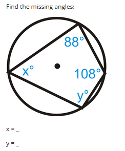 Find the missing angles:
x =
to
y=_
88°
108°
yo
