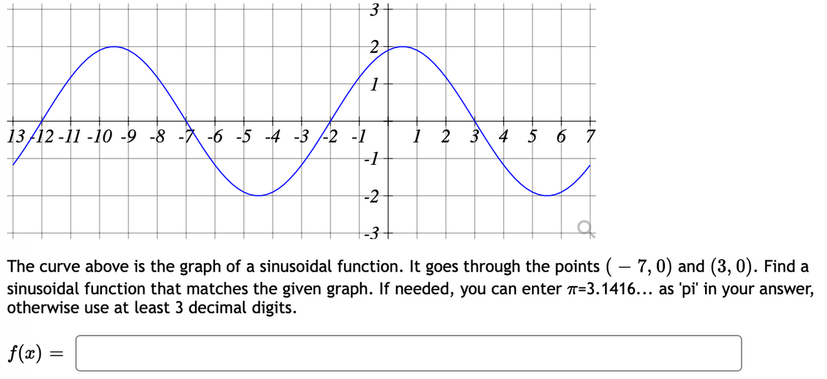 3-
2,
13 /12 -11 -10 -9 -8 -7 -6 -5 -4 -3 /-2 -1
1 2 3 4 5 6
-1
-2
-3+
The curve above is the graph of a sinusoidal function. It goes through the points (- 7,0) and (3, 0). Find a
sinusoidal function that matches the given graph. If needed, you can enter T=3.1416... as 'pi' in your answer,
otherwise use at least 3 decimal digits.
f(x) =
