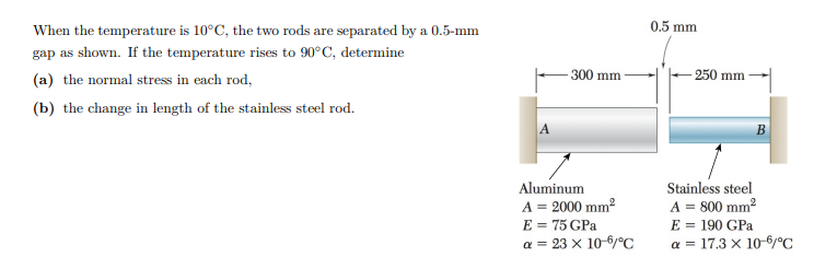 When the temperature is 10°C, the two rods are separated by a 0.5-mm
0.5 mm
gap as shown. If the temperature rises to 90°C, determine
(a) the normal stress in each rod,
300 mm
250 mm
(b) the change in length of the stainless steel rod.
A
B
Aluminum
A = 2000 mm?
E = 75 GPa
a = 23 x 10-6/°C
Stainless steel
A = 800 mm?
E = 190 GPa
a = 17.3 x 10-/°C
