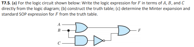 T7.5. (a) For the logic circuit shown below: Write the logic expression for F in terms of A, B, and C
directly from the logic diagram; (b) construct the truth table; (c) determine the Minter expansion and
standard SOP expression for F from the truth table.
A
B
- F
