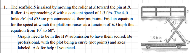 1. The scaffold S is raised by moving the roller at A toward the pin at B.
Roller A is approaching B with a constant speed of 1.5 ft/s. The 4-ft
links AE and BD are pin connected at their midpoint. Find an equation
D 4 ft
for the speed at which the platform raises as a function of 0. Graph this
equation from 10° to 60°.
Graphs need to be in the HW submission to have them scored. Be
1.5 ft/s
professional, with the plot being a curve (not points) and axes
labeled. Ask for help if you need.
