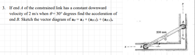 3. If end A of the constrained link has a constant downward
velocity of 2 m/s when 0=30° degrees find the acceleration of
end B. Sketch the vector diagram of as = as + (a8A); + (aBA)n
200 mm
VA
BO
*---
