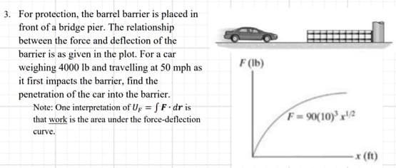 3. For protection, the barrel barrier is placed in
front of a bridge pier. The relationship
between the force and deflection of the
barrier is as given in the plot. For a car
weighing 4000 lb and travelling at 50 mph as
it first impacts the barrier, find the
penetration of the car into the barrier.
Note: One interpretation of Up = fF.dr is
that work is the area under the force-deflection
curve.
F (lb)
F=90(10)³x¹/2
-x (ft)