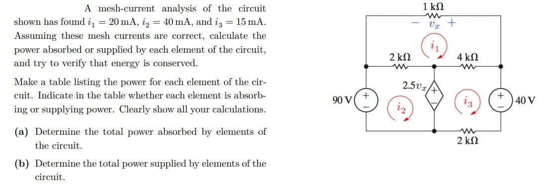 A mesh-current analysis of the circuit
1 kN
shown has found i, = 20 mA, i, = 40 mA, and iz = 15 mA.
Vr +
Assuming these mesh currents are correct, calculate the
power absorbed or supplied by each element of the circuit,
and try to verify that energy is conserved.
i1
4 kN
2 kN
Make a table listing the power for each element of the cir-
2.5vx/
cuit. Indicate in the table whether each element is absorb-
90 V
13
40 V
ing or supplying power. Clearly show all your calculations.
(a) Determine the total power absorbed by elements of
2 kN
the circuit.
(b) Determine the total power supplied by elements of the
circuit.
