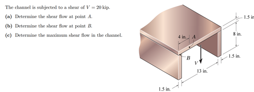 The channel is subjected to a shear of V = 20 kip.
(a) Determine the shear flow at point A.
1.5 im
(b) Determine the shear flow at point B.
(c) Determine the maximum shear flow in the channel.
4 in. A
8 in.
1.5 in.
B
13 in.
1.5 in.
