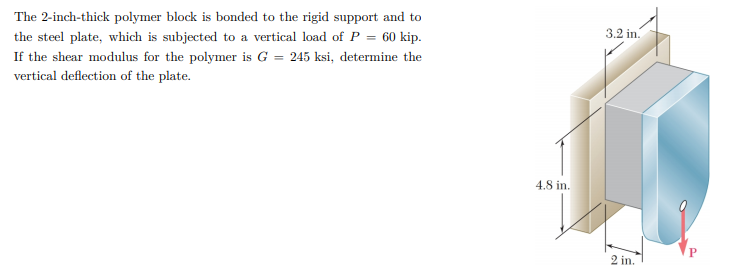 The 2-inch-thick polymer block is bonded to the rigid support and to
the steel plate, which is subjected to a vertical load of P = 60 kip.
3.2 in.
If the shear modulus for the polymer is G = 245 ksi, determine the
vertical deflection of the plate.
4.8 in.
2 in.
