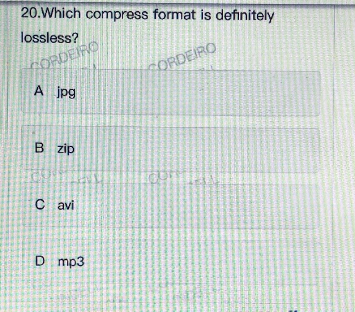 20.Which compress format is definitely
lossless?
CORDEIRO
CORDEIRO
A jpg
B zip
C avi
D mp3
