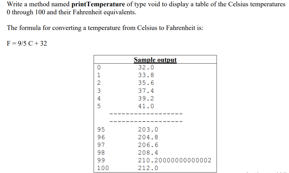 Write a method named printTemperature of type void to display a table of the Celsius temperatures
0 through 100 and their Fahrenheit equivalents.
The formula for converting a temperature from Celsius to Fahrenheit is:
F = 9/5 C + 32
Sample output
32.0
1
33.8
2
35.6
3
37.4
39.2
41.0
203.0
204.8
97
206.6
98
208.4
99
210.20000000000002
100
212.0
n Or 0 o o
