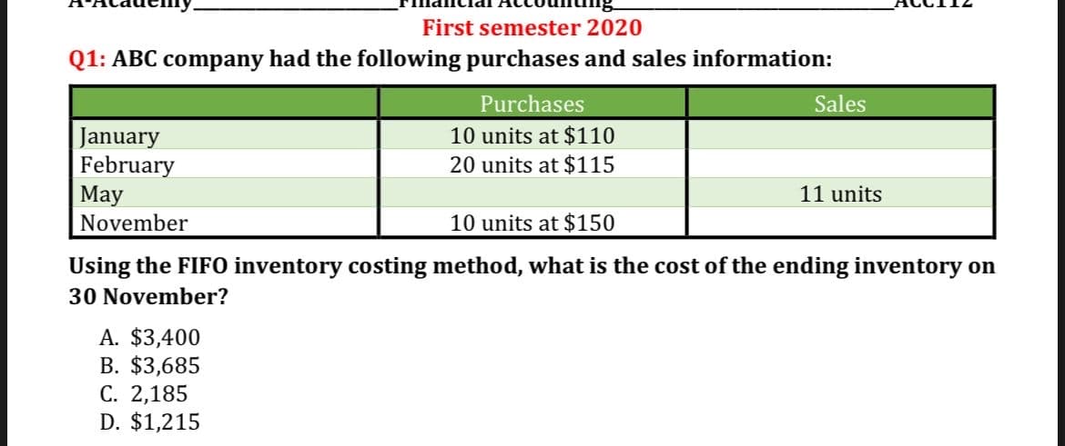 First semester 2020
Q1: ABC company had the following purchases and sales information:
Purchases
Sales
10 units at $110
January
February
20 units at $115
May
11 units
November
10 units at $150
Using the FIFO inventory costing method, what is the cost of the ending inventory on
30 November?
A. $3,400
B. $3,685
C. 2,185
D. $1,215