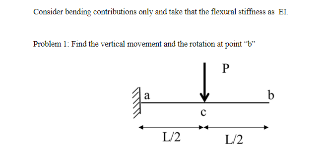 Consider bending contributions only and take that the flexural stiffness as EI.
Problem 1: Find the vertical movement and the rotation at point “b"
a
L/2
L/2
