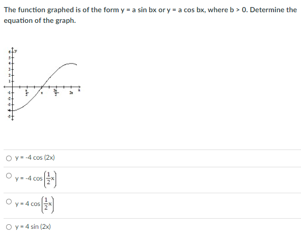 The function graphed is of the form y = a sin bx or y = a cos bx, where b > 0. Determine the
equation of the graph.
O y = -4 cos (2x)
y = -4 cos
O y = 4 cos
O y = 4 sin (2x)
1/2
1/2
