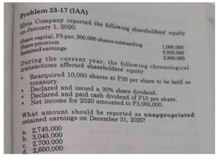Problem 23-17 (IAA)
During the current year, the following chronological
Share capital, P3 par, 200,000 shares outatanding
• Declared and issued a 30% share dividend.
transactions affected shareholders' equity:
retained earnings on December 31, 2020?
Slvis Company reported the following shareholders equity
Reacquired 10,000 shares at P30 per share to be held as
n January 1, 2020
Share premium
Retained earnings
1,000,000
6,000,000
2.800,000
treasury.
Declared and issued a 30% share dividend.
*Declared and paid cash dividend of P10 per share.
Net income for 2020 amounted to P3,000,000.
What amount should be reported as unappropriated
a. 2,745,000
b. 3,045,000
c. 2,700,000
d. 2,600,000
