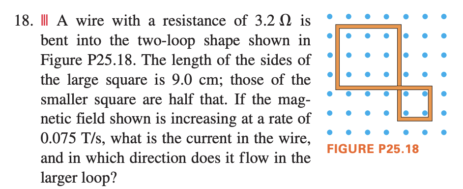 18. II| A wire with a resistance of 3.2 N is
bent into the two-loop shape shown in
Figure P25.18. The length of the sides of
the large square is 9.0 cm; those of the
smaller square are half that. If the mag-
netic field shown is increasing at a rate of
0.075 T/s, what is the current in the wire,
FIGURE P25.18
and in which direction does it flow in the
larger loop?
