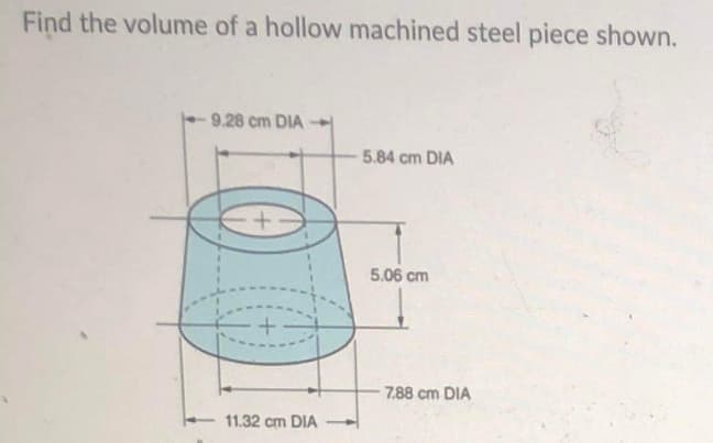 Find the volume of a hollow machined steel piece shown.
-9.28 cm DIA
5.84 cm DIA
5.06 cm
7.88 cm DIA
11.32 cm DIA
