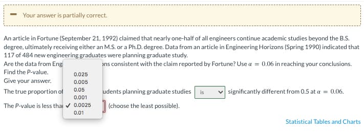 Your answer is partially correct.
An article in Fortune (September 21, 1992) claimed that nearly one-half of all engineers continue academic studies beyond the B.S.
degree, ultimately receiving either an M.S. or a Ph.D. degree. Data from an article in Engineering Horizons (Spring 1990) indicated that
117 of 484 new engineering graduates were planning graduate study.
Are the data from Eng
ons consistent with the claim reported by Fortune? Use a = 0.06 in reaching your conclusions.
Find the P-value.
Give your answer.
The true proportion of
0.025
0.005
0.05
0.001
The P-value is less thai ✔ 0.0025
0.01
udents planning graduate studies is
(choose the least possible).
significantly different from 0.5 at a = 0.06.
Statistical Tables and Charts