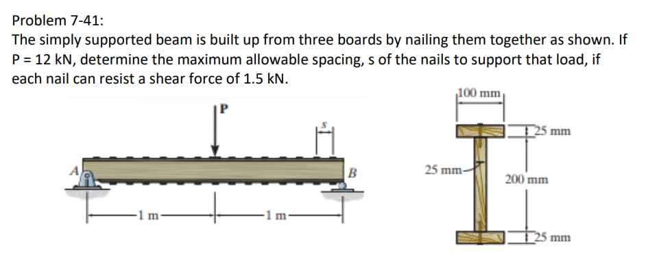 Problem 7-41:
The simply supported beam is built up from three boards by nailing them together as shown. If
P = 12 kN, determine the maximum allowable spacing, s of the nails to support that load, if
each nail can resist a shear force of 1.5 kN.
1 m-
1 m
100 mm
25 mm
25 mm-
200 mm
25 mm