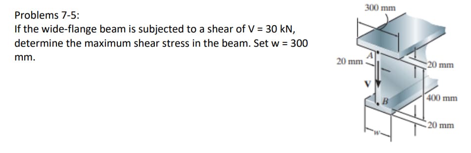 Problems 7-5:
If the wide-flange beam is subjected to a shear of V = 30 kN,
determine the maximum shear stress in the beam. Set w = 300
mm.
300 mm
20 mm
20 mm
400 mm
20 mm