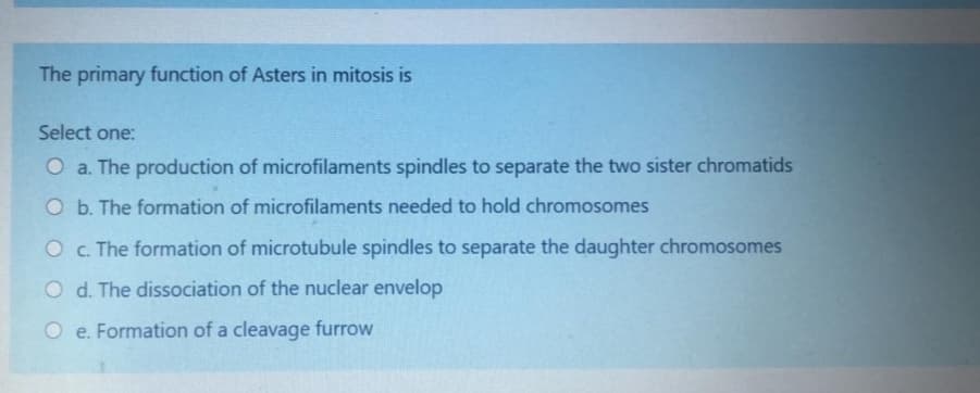 The primary function of Asters in mitosis is
Select one:
O a. The production of microfilaments spindles to separate the two sister chromatids
O b. The formation of microfilaments needed to hold chromosomes
O C. The formation of microtubule spindles to separate the daughter chromosomes
O d. The dissociation of the nuclear envelop
O e. Formation of a cleavage furrow
