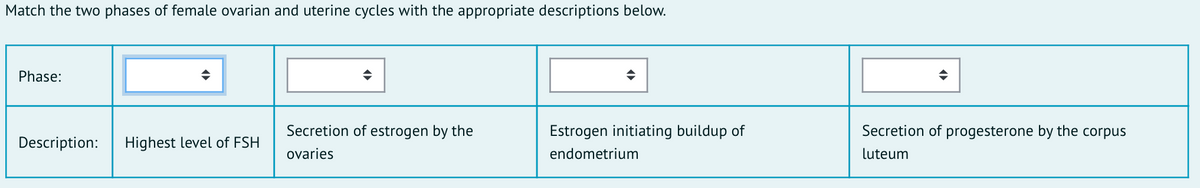 Match the two phases of female ovarian and uterine cycles with the appropriate descriptions below.
Phase:
Secretion of estrogen by the
Estrogen initiating buildup of
Secretion of progesterone by the corpus
Description:
Highest level of FSH
ovaries
endometrium
luteum
