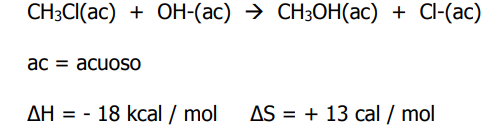 СН:C(ac) + ОН-(ас) > СH3ОН(ас) + Cl-(ас)
ac = acuoso
AH = - 18 kcal / mol
AS = + 13 cal / mol
%3D
