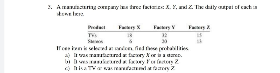 3. A manufacturing company has three factories: X, Y, and Z. The daily output of each is
shown here.
Product
Factory X
Factory Y
Factory Z
TVs
18
32
15
Stereos
20
13
If one item is selected at random, find these probabilities.
a) It was manufactured at factory X or is a stereo.
b) It was manufactured at factory Y or factory Z.
c) It is a TV or was manufactured at factory Z.
