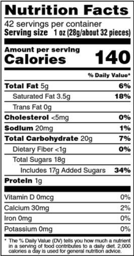 Nutrition Facts
42 servings per container
Serving size 1 oz (28g/about 32 pieces)
Amount per serving
Calories
140
% Daily Value*
Total Fat 5g
Saturated Fat 3.5g
6%
18%
Trans Fat Og
Cholesterol <5mg
0%
Sodlum 20mg
Total Carbohydrate 20g
1%
7%
Dietary Fiber <1g
Total Sugars 18g
Includes 17g Added Sugars 34%
Proteln 1g
0%
Vitamin D Omcg
0%
Calcium 30mg
Iron Omg
Potassium Omg
2%
0%
0%
The % Daily Value (DV) tells you how much a nutrient
in a serving of tood contributes to a daily diet. 2,000
calories a day is used for general nutrition advice.
